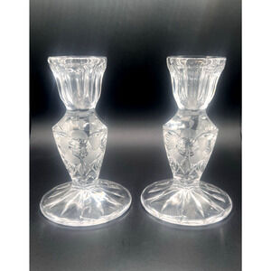 Vtg Pair Crystal Candle Holders Cut & Etched Glass Roses Candlesticks 5.25" Tall